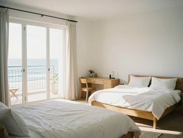 Bright editorial interior of Copa 1355 apartment, natural daylight, clean wooden furniture, crisp white linens, inviting atmosphere.