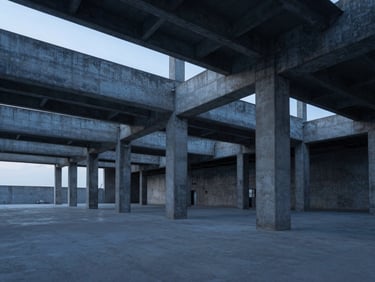 Wide-angle interior of a modern concrete warehouse, cold blue hour light, empty space with structural pillars.