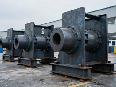 Close-up of industrial steel joints and heavy machinery in a modern logistics yard, cold overcast daylight.