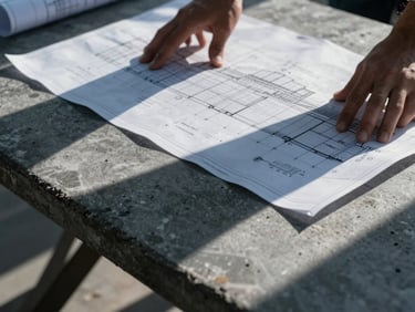 Extreme close-up of hands reviewing blueprints on a raw concrete table, sharp architectural shadows.