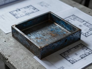 Extreme close-up of architectural blueprints on a concrete table, dramatic lighting, sharp shadows.