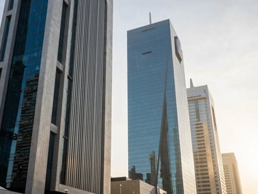 Sharp architectural view of Riyadh Financial District under bright morning light, clean structural lines of steel and glass, high contrast.