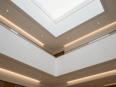 Architectural interior photography looking up at a multi-level false ceiling design, crisp geometric plasterboard edges, warm hidden LED cove lighting, bright daylight, 24mm lens.