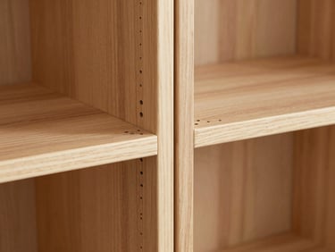 Macro architectural detail shot of a custom teak wood wardrobe joint, showcasing precision joinery, clean alignments, natural wood grain, warm daylight, 24mm lens.