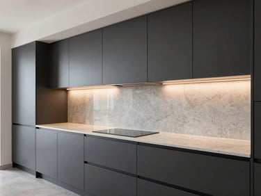 Architectural interior photography of a minimalist modular kitchen setup in Hyderabad, featuring matte charcoal cabinets, precise quartz countertops, warm ambient lighting, 24mm lens.