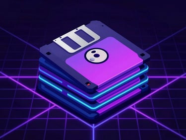 Dark synthwave aesthetic illustration of retro floppy disks stacked on a glowing grid pattern