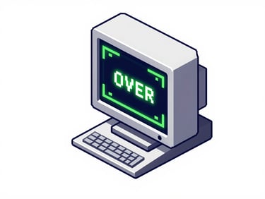 Isometric 16-bit pixel art of a vintage desktop monitor showing a game over screen with neon green text
