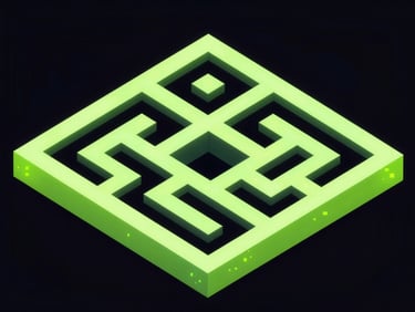 Isometric vector layout of a retro pixel-art maze game, glowing cyber-lime walls, dark high-contrast background