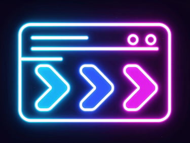 Vibrant vector illustration of glowing neon game UI elements and high-contrast digital arrow buttons