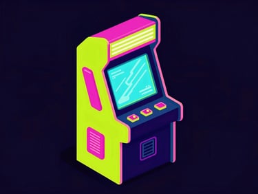Vibrant vector illustration of a retro-futuristic arcade cabinet glowing with cyber-lime and hot pink neon lights, dark high-contrast background, isometric view.