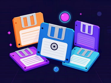 Vibrant vector illustration of classic 16-bit floppy disks and glowing neon game cartridges, dark synthwave background