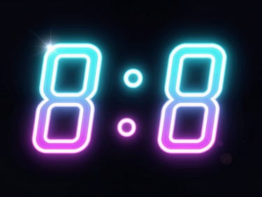 Glowing neon game UI elements showing high score numbers, synthetic lens flares, dark high-contrast background