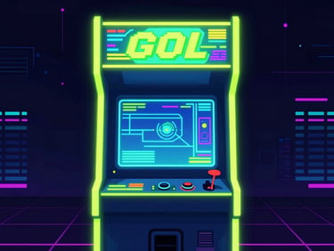 Front-on orthographic game screen showing a vibrant retro neon arcade cabinet, glowing cyber-lime vector graphics, dark synthwave background.