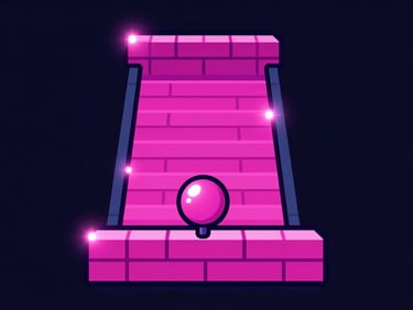 Front-on orthographic game screen of a retro-modern cyber brick breaker, hot pink glowing paddle, synthetic lens flares