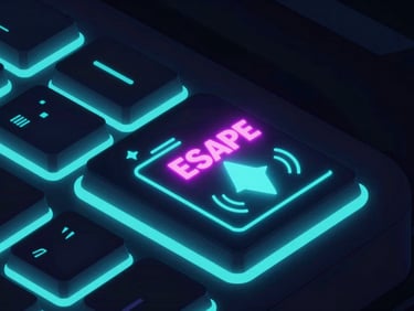 Extreme close-up of a glowing keyboard escape button with cybernetic neon glows, dark high-contrast background