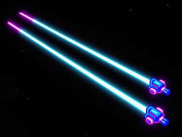 Orthographic game screen of a 16-bit neon space shooter, glowing vector lasers, dark high-contrast cyber-aesthetic
