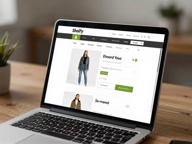 Laptop screen showing a Shopify e-commerce product page with product listings and checkout interface, bright studio desk, professional and clean