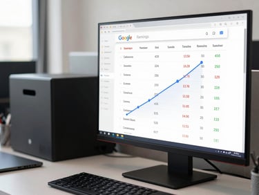 Monitor showing a Google Search rankings dashboard with keyword positions climbing upward, clean office desk, bright daylight, data clearly visible on screen