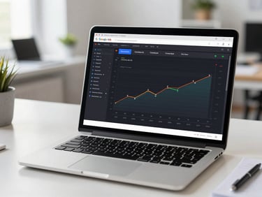 Google Ads campaign dashboard on a laptop screen showing conversion metrics and cost-per-click graphs, bright professional office, clean desk surface