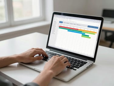 Wide shot of hands typing on a laptop keyboard in a bright, clean office workspace, screen showing a project management timeline with coloured milestones, natural daylight from a side window, minimal desk clutter