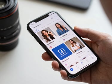 Smartphone screen showing a live Instagram and Facebook feed with branded posts and engagement metrics, held over a desk, studio daylight, clean background