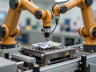 Macro shot of a robotic arm precisely placing a packaged industrial component onto a conveyor belt in a well-lit, clean factory environment, with motion blur on the arm and sharp focus on the package.