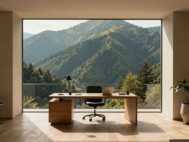 Warm editorial photography of a minimalist, high-end mountain office workspace, soft directional daylight, architectural framing, 35mm