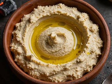 Overhead shot of freshly prepared hummus in a rustic clay bowl, drizzled with olive oil, low-key lighting, rich texture, 50mm