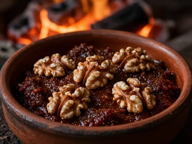 Extreme close-up of muhammara in a small clay dish, garnished with walnuts, dramatic side lighting, moody atmosphere, 50mm