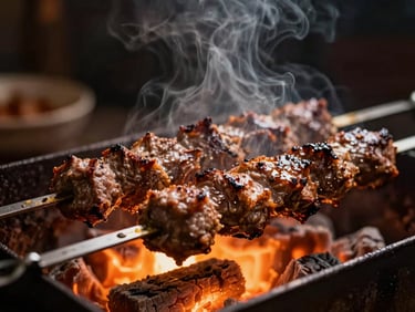 Close-up of sizzling Adana kebab on a metal skewer over glowing orange charcoal embers, dramatic low-key lighting, warm amber glow, smoke rising, 50mm