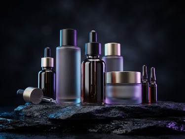 Wide-angle premium 3D product render of cosmetic glass bottles on dark stone, high-contrast studio lighting, electric blue and purple rim accents, sharp focus, cinematic depth of field
