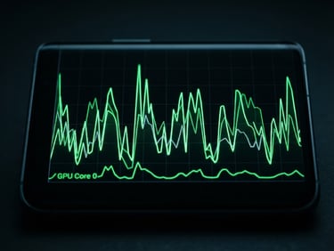Macro shot of a high-end Android device screen displaying a real-time CPU profiling graph with sharp green lines on a deep black background, low-key cool-toned lighting