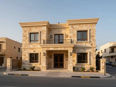 Environmental wide shot of a completed three-storey villa-style residential building in Amman, stone facade, paved entry, natural golden-hour light, building centered in frame with street context visible