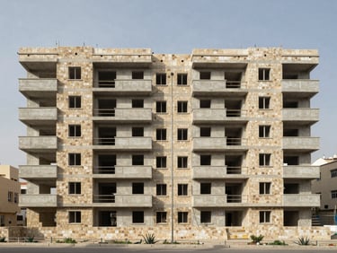 Street-level straight-on elevation of a completed six-storey residential flat block in Amman, concrete and stone facade, natural daylight, mid-distance framing showing full building height