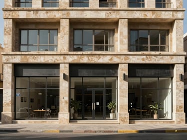 Straight-on mid-distance photograph of a completed four-storey commercial building in Amman, glass shopfront entries at ground level, stone cladding upper floors, natural daylight