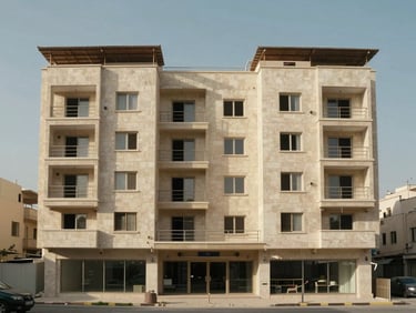 Street-level wide shot of a completed four-storey mixed-use residential building in Amman, retail units at ground floor, apartments above, natural daylight, building occupying full frame width