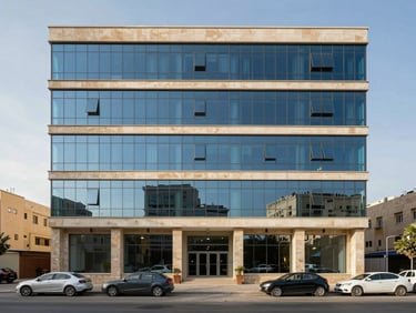 Mid-distance straight-on photograph of a completed five-storey commercial office building in Amman, curtain-wall glazing upper floors, stone base, parked cars at street level providing scale