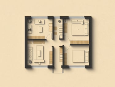 Clean architectural floor plan drawing of the ground floor, high contrast, dark charcoal lines on a warm sand background, showing kitchen, living room layout, and garden exit.