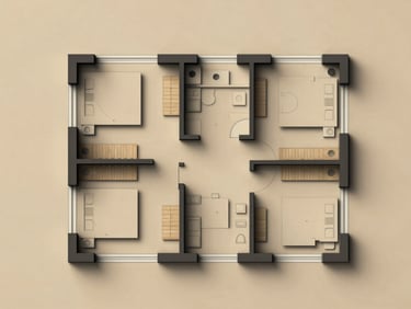 Clean architectural floor plan drawing of the first floor, high contrast, dark charcoal lines on a warm sand background, showing three bedrooms and bathrooms.