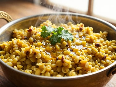 Close-up of steaming yellow lentil and amaranth khichdi in a brass bowl, ghee drizzled on top, fresh coriander leaves