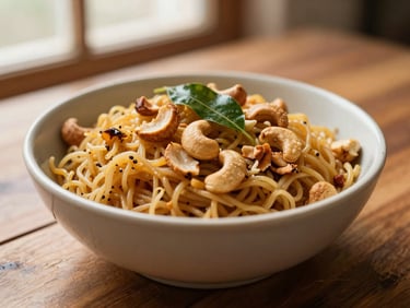 A beautiful ceramic bowl of hot semolina upma garnished with roasted cashews and curry leaves, shallow depth of field