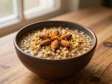 A rustic ceramic bowl of warm brown millet porridge topped with almonds and saffron strands, soft morning light