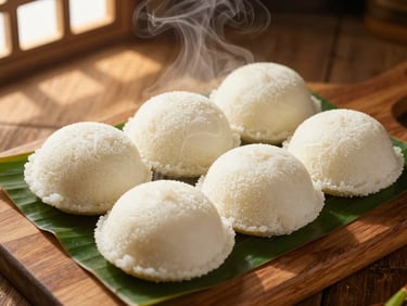 Overhead macro shot of steam rising from soft, fluffy white idlis on a banana leaf, warm wooden background, golden lighting