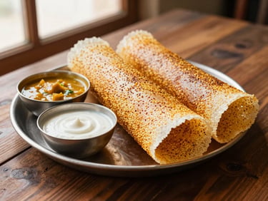 Crispy golden millet dosa on a rustic plate with small bowls of sambar and white coconut chutney, warm lighting