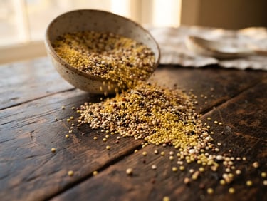 Close-up of raw golden millets and grains spilling elegantly on a dark wooden surface, warm morning window light, shallow depth of field