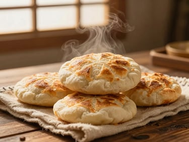 Soft, puffed rotis stacked on a handwoven cotton cloth, steam rising, warm golden hour light
