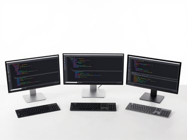 Overhead shot of a minimalist workstation with code interfaces on multiple displays, precise technical grid, sharp focus, high-key studio lighting.