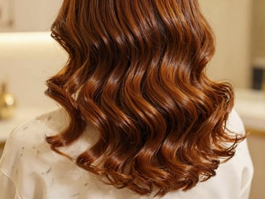 Macro shot of rich, glossy caramel-toned hair waves under soft warm studio lighting, shallow depth of field.