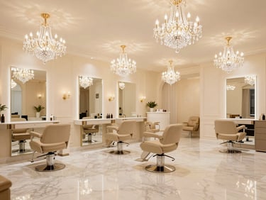 Bright high-key luxury salon interior, grand crystal chandeliers reflecting on ivory marble floors, soft champagne gold tones, warm editorial photography