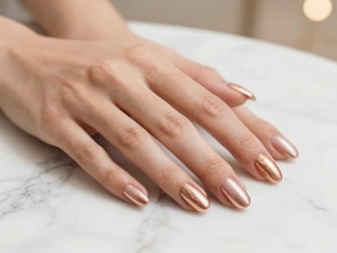 Close-up of elegant rose-gold accented nail art on manicured hands resting on a white marble surface.